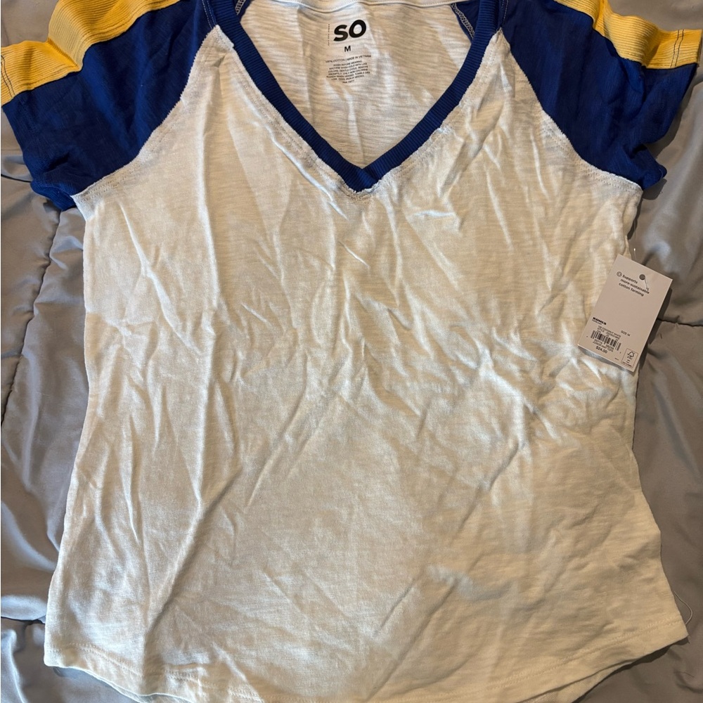 SO White and Blue V-Neck Tee with Yellow Accents